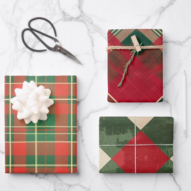 Kariertes Weihnachtsmuster Geschenkpapier Set (Vorderseite)
