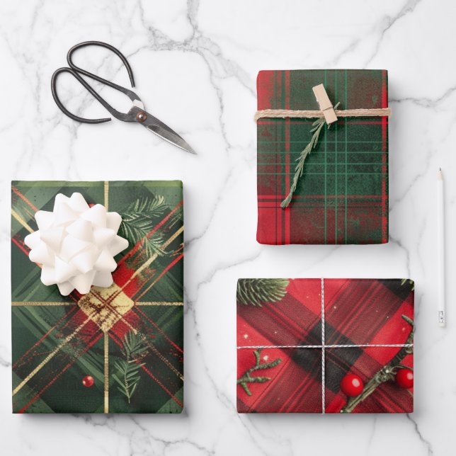 Kariertes Weihnachtsmuster Geschenkpapier Set (Vorderseite)