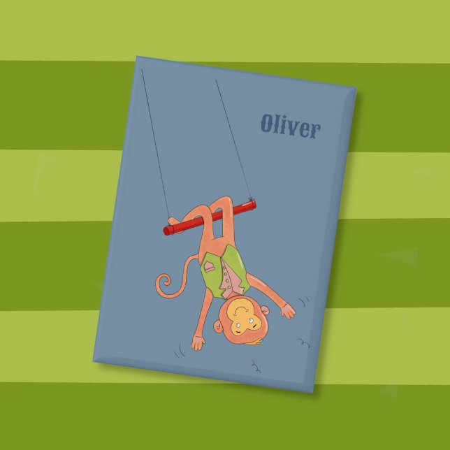 Karikatur-Affe Trapezartist Kind Blauer Knopf Button (Cartoon monkey trapeze artist kid blue personalized pin button . )