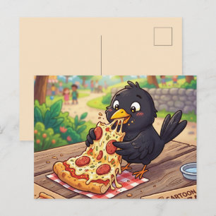 Karikatur-Baby Amsel Krähe Rabe isst Pizza Feiertagspostkarte