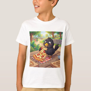 Karikatur-Baby-Schwarzdrossel-Krähe-Rabe-isst-Pizz T-Shirt