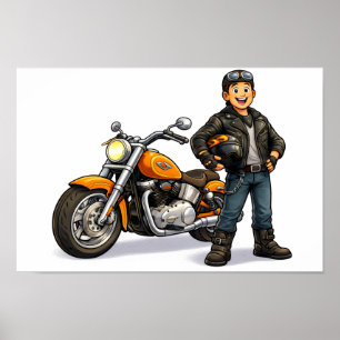 Karikatur Biker mit kraftvollem Motorradfahrer Kun Poster