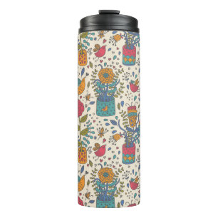 Karikatur-Blumenmuster mit Vögeln 2 Thermosbecher