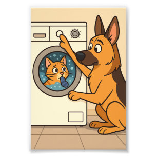 Karikatur Deutsche Schäferhunde- und Katzenwäsche- Fotodruck