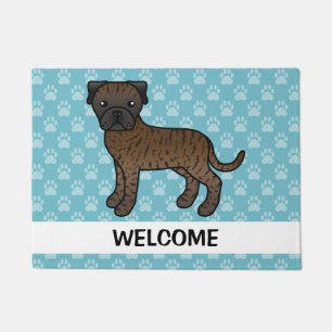 Karikatur eines gestromten Bullmastiff-Hundes mit Fußmatte