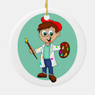 Karikatur eines männlichen Künstlers mit Pinsel un Keramik Ornament