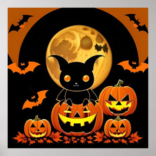 Karikatur-Fledermaus und Kürbisse unter Vollmond Poster