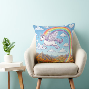 Karikatur fliegendes Einhorn mit Regenbogen Kissen