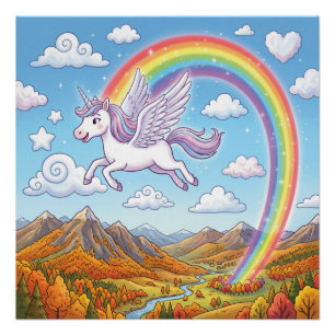 Karikatur fliegendes Einhorn mit Regenbogen Poster