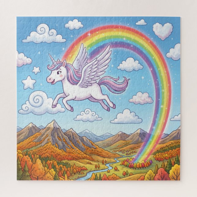 Karikatur fliegendes Einhorn mit Regenbogen Puzzle (Vertikal)