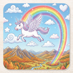 Karikatur fliegendes Einhorn mit Regenbogen Rechteckiger Pappuntersetzer