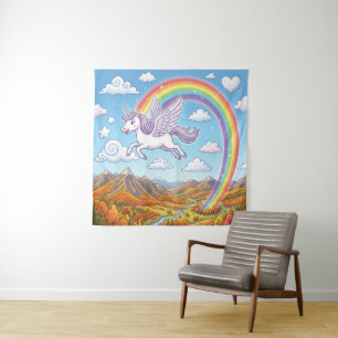 Karikatur fliegendes Einhorn mit Regenbogen Wandteppich