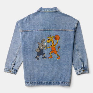Karikatur-Giraffe und Nashorn beim Basketballspiel Jeansjacke