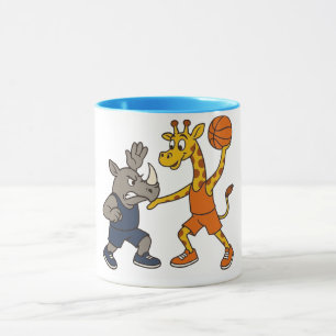 Karikatur-Giraffe und Nashorn beim Basketballspiel Tasse