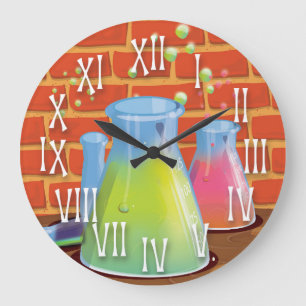 Karikatur Glas Wissenschaftliche Ausrüstung auf ei Große Wanduhr