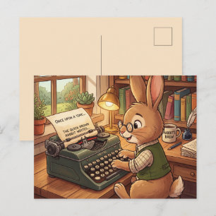 Karikatur-Hase, der auf einer Retro-Schreibmaschin Feiertagspostkarte