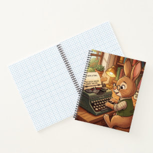 Karikatur-Hase, der auf einer Retro-Schreibmaschin Notizbuch