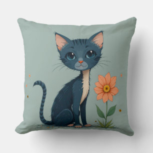 Karikatur-Kätzchen steht neben einer gelben Blume Kissen