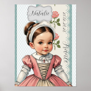 Karikatur Mädchen in Vintage-Französisch gekleidet Poster