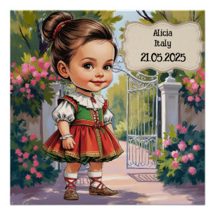 Karikatur Mädchen in Vintage italienisch gekleidet Poster