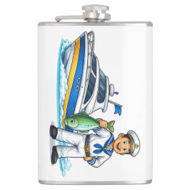 Karikatur-Matrose mit Yacht und Fisch - nautische  Flachmann