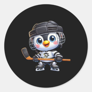 Karikatur Pinguin Hockeyspieler Eishockey Runder Aufkleber