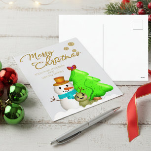 Karikatur-Schneemann, Wurm und Weihnachtsbaum Feiertagspostkarte