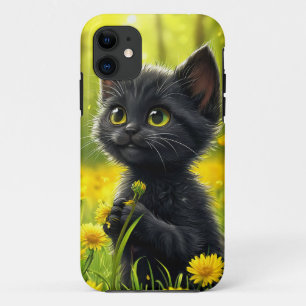 Karikatur Schwarzes Kätzchen mit Löwenzahn Süßes T Case-Mate iPhone Hülle