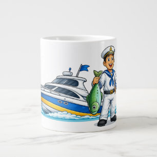 Karikatur-Segler mit Yacht und Fisch - Maritime Ku Jumbo-Tasse