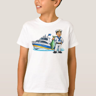 Karikatur-Segler mit Yacht und Fisch - Maritime Ku T-Shirt