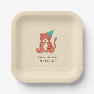 Karikatur-Tiger in einer Partyhut Vintage-Geburtst Pappteller