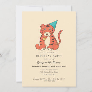 Karikatur-Tiger mit Partyhut Vintage-Geburtstag Einladung
