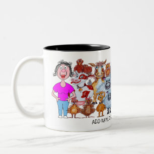 Karikatur von Frau und Tieren Zweifarbige Tasse