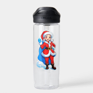 Karikatur Weihnachtsmann Mädchen im roten Mantel m Trinkflasche