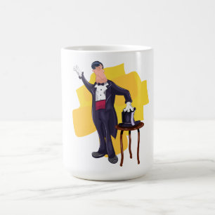 Karikatur-Zauberer führt Magie-Trick auf der Bühne Tasse