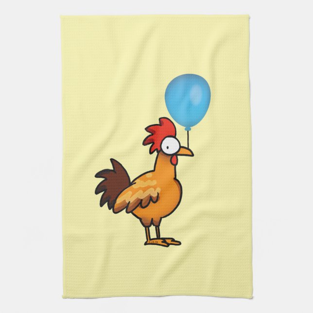 Karikaturhahn mit blauem Luftballon Geschirrtuch (Vertikal)