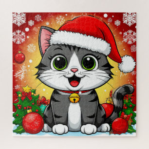 Karikaturkatze in Santa-Mütze mit Weihnachtsdekora Puzzle