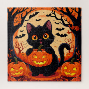 Karikaturkatze und Kürbisse unter Vollmond Puzzle