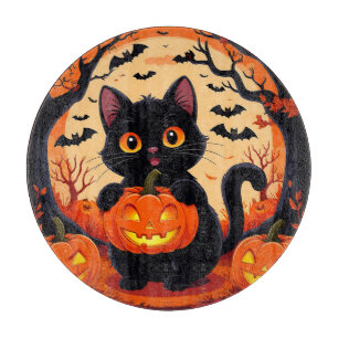 Karikaturkatze und Kürbisse unter Vollmond Schneidebrett
