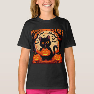 Karikaturkatze und Kürbisse unter Vollmond T-Shirt