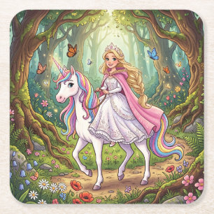 Karikaturprinzessin reitet auf dem Einhorn Rechteckiger Pappuntersetzer