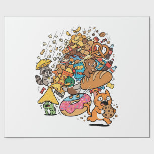 Karikaturtiere mit fallenden Snacks isoliert auf w Geschenkpapier