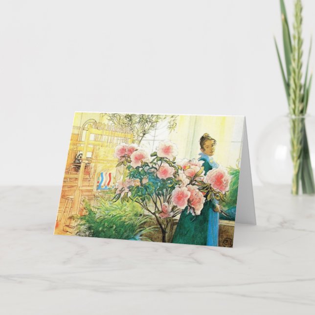 Karin mit rosa Blume und ihre Lounge Karte (Vorderseite)