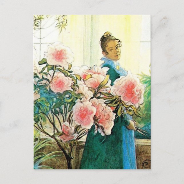 Karin mit rosa Blume und ihre Lounge Postkarte (Vorderseite)
