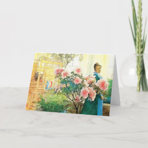 Karin mit rosa Blumen und ihrem Webstuhl Karte