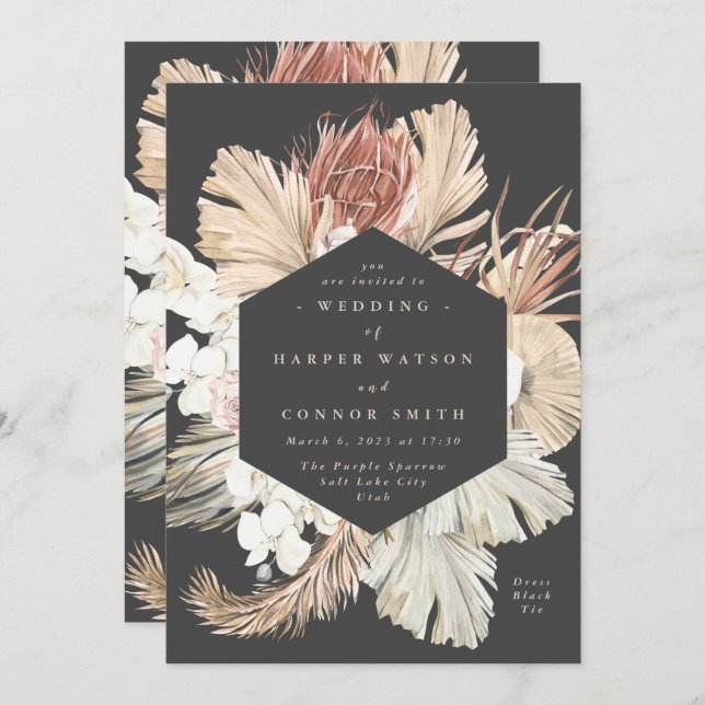 Karkohle Creme Pampas Gras getrocknet Grau Hochzei Einladung (Vorne/Hinten)