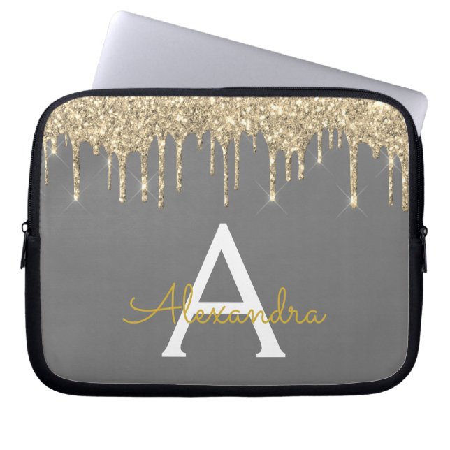 Karkohle Grau-Glitzer-Sparkle-Monogramm Laptopschutzhülle (Vorderseite)