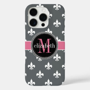 Karkohle Grau-Rosa-Lilie Monogram iPhone 16 Pro Hülle