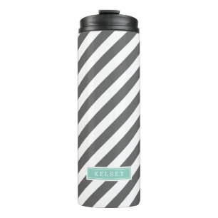 Karkohle und Aqua Preppy Stripes Monogramm Thermosbecher