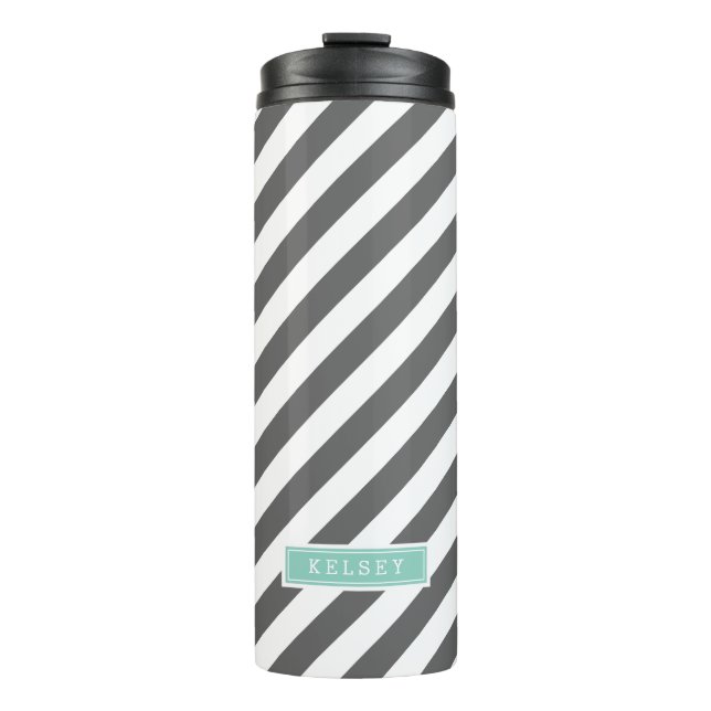 Karkohle und Aqua Preppy Stripes Monogramm Thermosbecher (Vorderseite)
